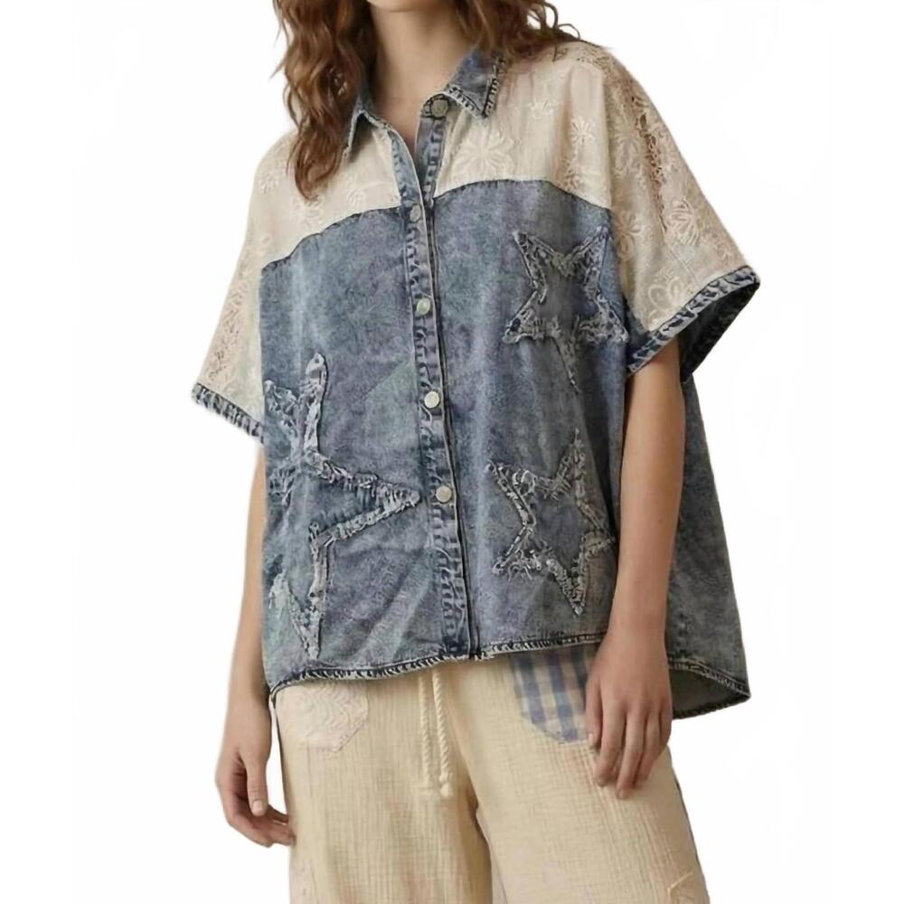 NEW MELLO mixed media denim star shirt in blue